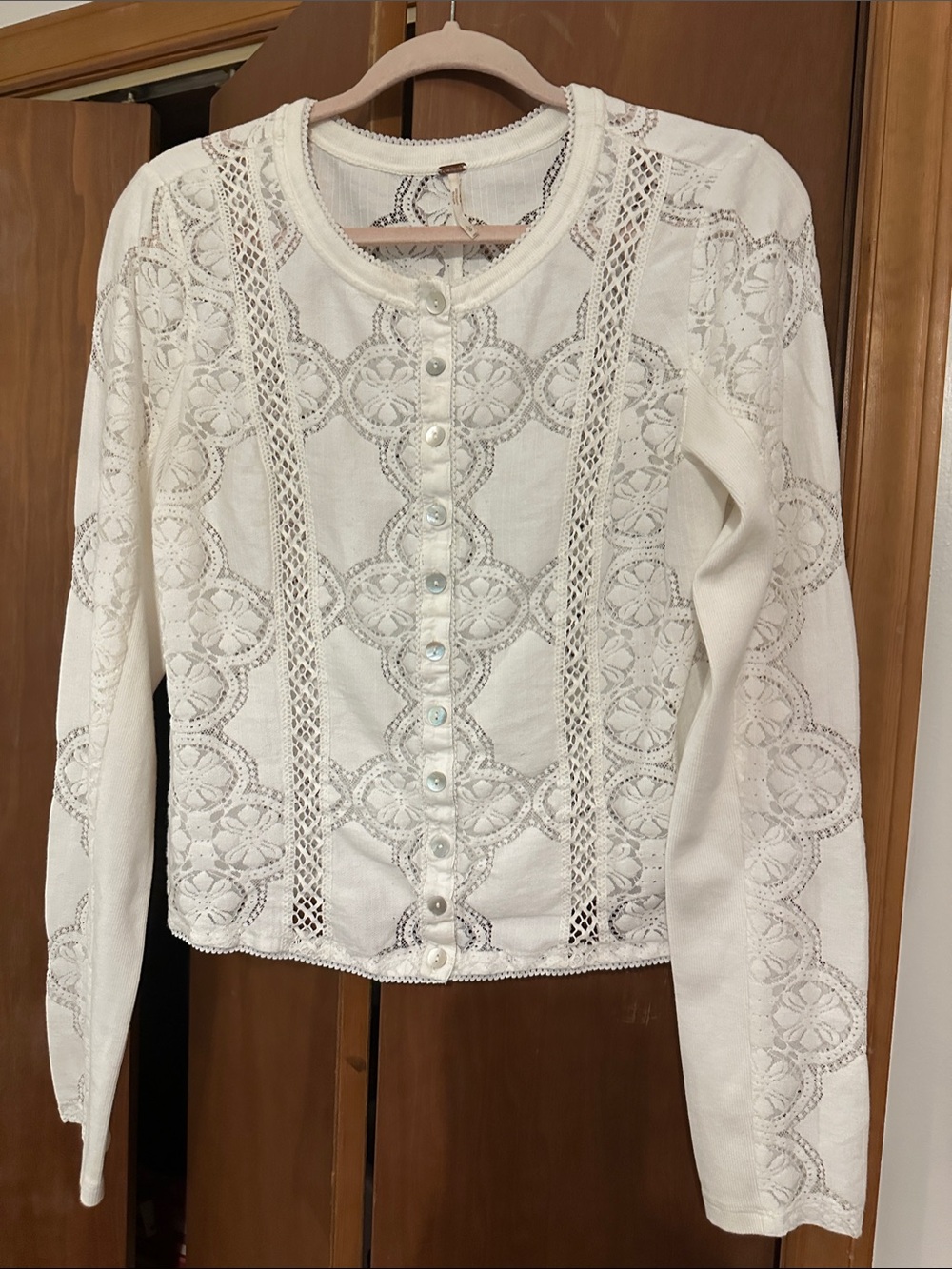 Free People Cream Lace Crochet Button-Down Top